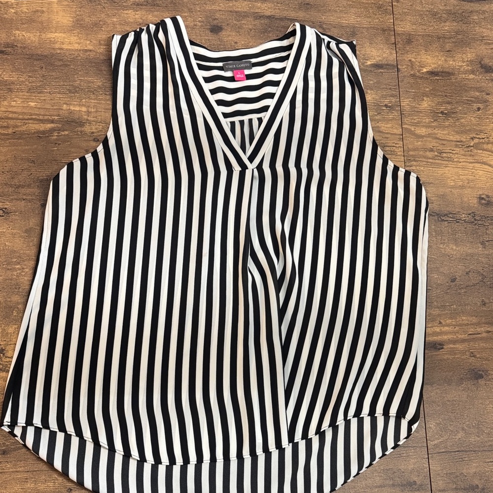 Vince Camuto Black and White Striped V-Neck Blouse